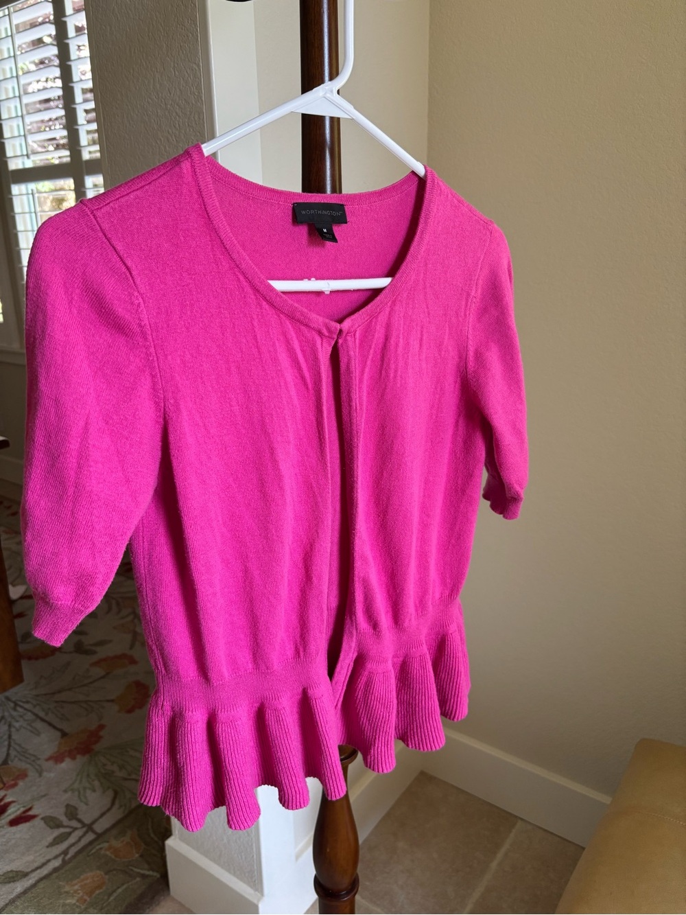 Worthington Hot Pink Peplum Short-Sleeve bolero style light sweater.